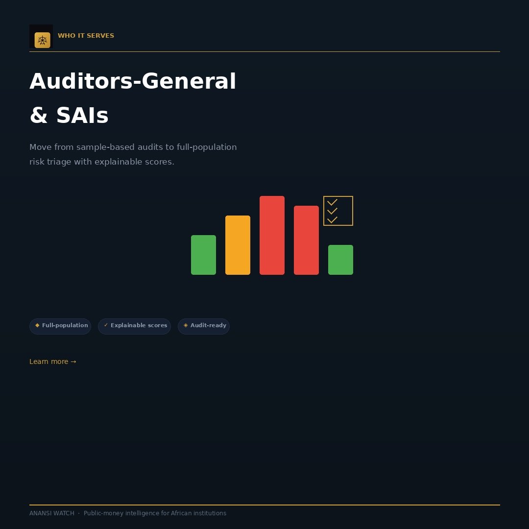 Anansiwatch's tweet photo. Auditors-General shouldn't need a sample to find fraud.
Anansi Watch scans every transaction, scores every risk, explains every flag.
Full-population. Explainable. Audit-ready.
Built for SAIs that actually want the full picture. https://t.co/nOWRJ2spH9