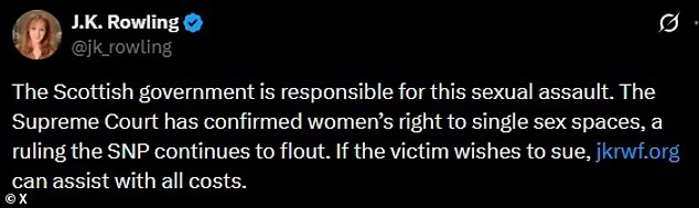 GriftReport's tweet photo. JK Rowling offers to pay legal costs for female prisoner sexually assaulted by trans woman inmate in Scottish jail's female wing

The Harry Potter author said she will fund any lawsuit via her legal aid fund for women, stating "The Scottish government is responsible for this sexual assault" after the Supreme Court ruled on single-sex spaces.

The alleged attacker is Alexandra Stewart, 38, previously known as Alan Baker, who was convicted in 2013 of stabbing a man to death 16 times.

Stewart, born male, changed gender after conviction and has been held in the female estate at HMP Greenock since 2016, including receiving tracheal shave surgery in prison.

The assault is said to have happened in the hairdressing salon of the female-only wing, with Stewart now arrested and charged.

Rowling added that if the victim wants to sue, https://t.co/54Up0uS7ak will cover all costs.