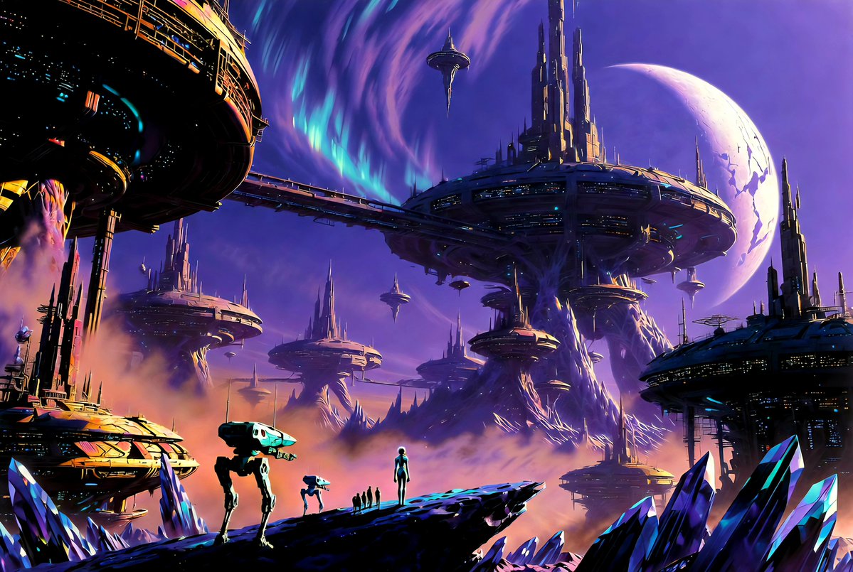 spectacular Ralph McQuarrie-style conceptual painting infused with 1990s Japanese anime aesthetics, late 1970s sci-fi meets Neon Genesis Evangelion and Ghost in the Shell concept art. In the foreground, a small group of tiny figures — a lone female pilot in a sleek iridescent