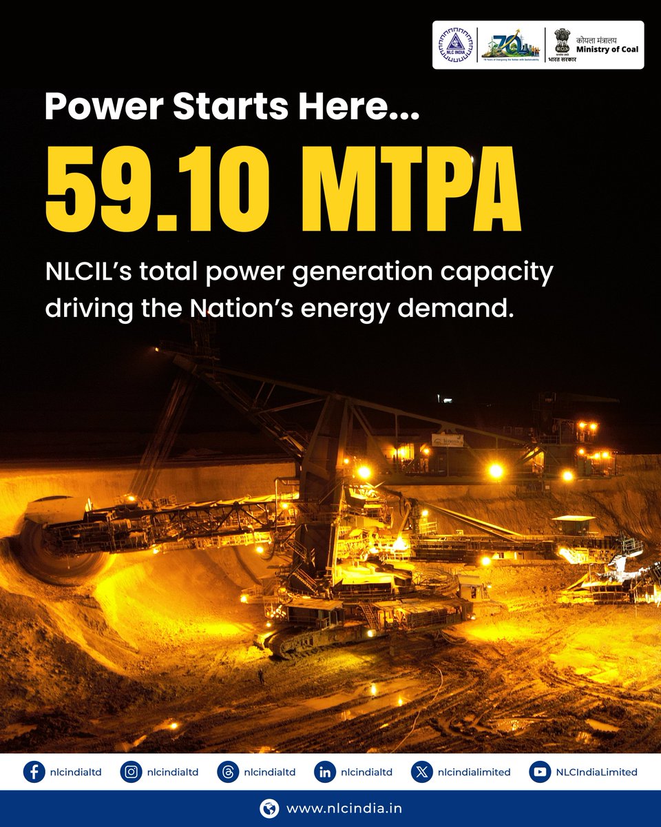 nlcindialimited's tweet image. NLC India Limited operates at a total mining capacity of 59.10 MTPA, ensuring a reliable fuel supply for power generation.

#NLCIndia #Mining #EnergySecurity 
@CoalMinistry @kishanreddybjp @satishdubeyy