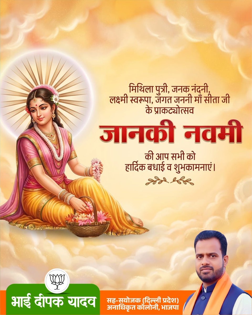 deepakydvbjp1's tweet photo. माता सीता जी के पावन प्राकट्योत्सव “जानकी नवमी” की आप सभी को हार्दिक बधाई एवं शुभकामनाएं।

त्याग, धैर्य, मर्यादा और शक्ति की प्रतीक माता जानकी जी का आशीर्वाद सभी के जीवन में सुख, शांति और समृद्धि लाए।

#जानकीनवमी #माता_सीता #जय_श्रीराम #भारतीय_संस्कृति #सनातनधर्म https://t.co/olAROO2z2m