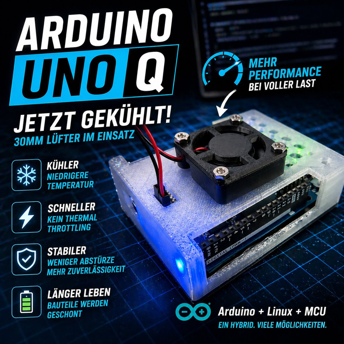 DraegerStefan's tweet image. Arduino als Mini-PC?

Ich habe meinem @arduino UNO Q ein Gehäuse + 30mm Lüfter verpasst 🔧

👉 Kühler ❄️
👉 Schneller ⚡
👉 Stabiler 🔒
👉 Langlebiger 🔋
Linux + MCU auf einer Platine = ziemlich spannend 
#Arduino #IoT #Linux #EmbeddedSystems #Maker