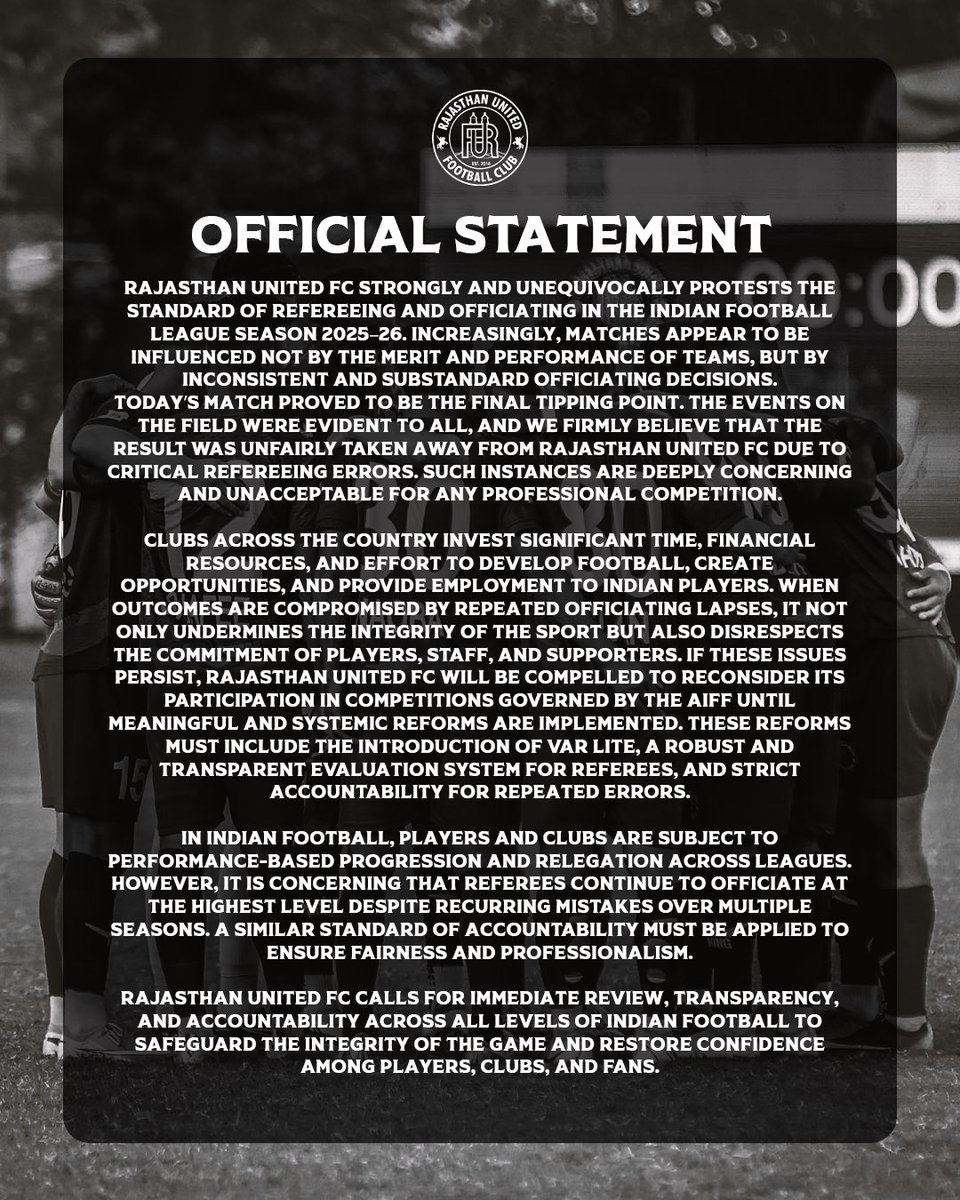 RajasthanUnited's tweet image. Our players gave everything for the badge, and our supporters deserved a fair contest. We will take the lessons, stand together, and continue to demand the integrity and transparency that football must uphold.

#referee #fairgame #IFL26 #transparency