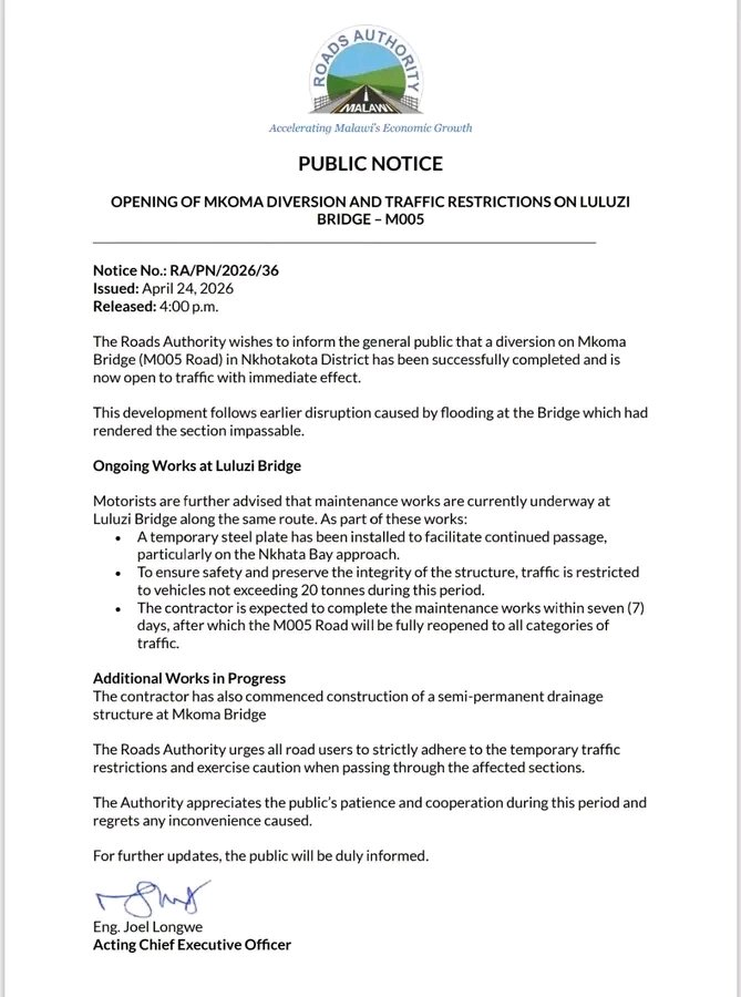 TransportWorks's tweet photo. Opening of Mkoma Diversion and Traffic Restrictions on Luluzi Bridge Bridge on the M005 Lakeshore Road 

#Restoration 
#ConnectingCommunities 
#MinistryofTransportMw 
#PublicNotice 

Roads Authority Malawi https://t.co/I3BvHSI4Lv
