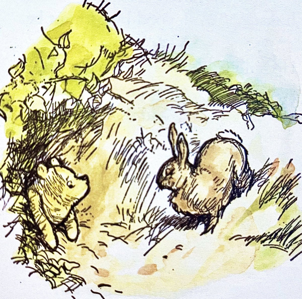 “Hallo, are you stuck?” asked Rabbit.
“N-no,” said Pooh carelessly. “Just resting and thinking and humming to myself.”
“Here, give us a paw.”
Rabbit pulled and pulled and pulled…
“Ow!” cried Pooh. “You’re hurting!”
“The fact is,” said Rabbit, “you’re stuck.” ~A.A.Milne