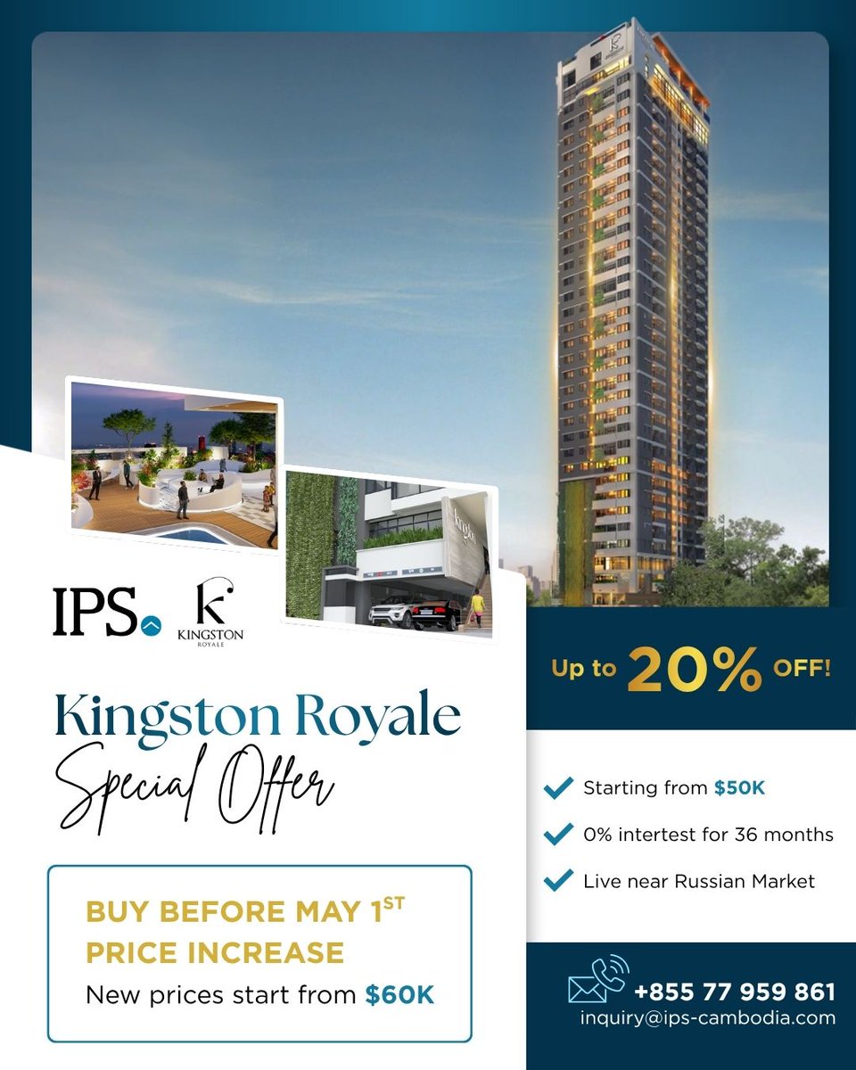Kingston Royale – Last Units from $50,000 Before May 1st Price Increase 🔥

✔️ Prices from $50,000 (before May 1 increase)
✔️ Located in Boeung Tompun, a few minutes from Russian Market
✔️ Discounts up to 20% available now
✔️ 0% installment plan up to 36 months
✔️ Located in