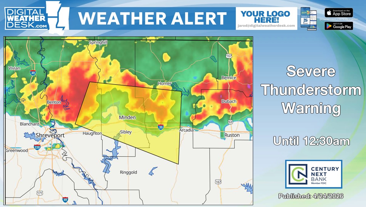 Severe Thunderstorm Warning for Bienville and Claiborne Parish in LA until 12:30am.
