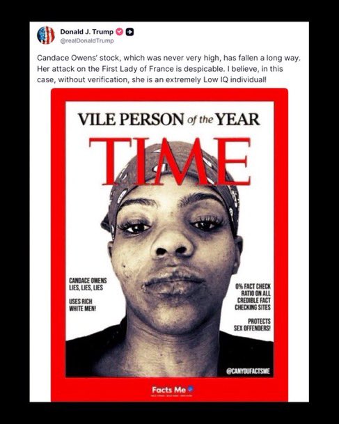 The MAGA cult Candace Owens is getting a reality check. Donald Trump Turner and her in a vicious way.. she’s ugly she’s dumb. She’s low IQ.. This is the same woman who justify race soldiers killing Brianna Taylor, and George Floyd and so many other black Americans.. She raised