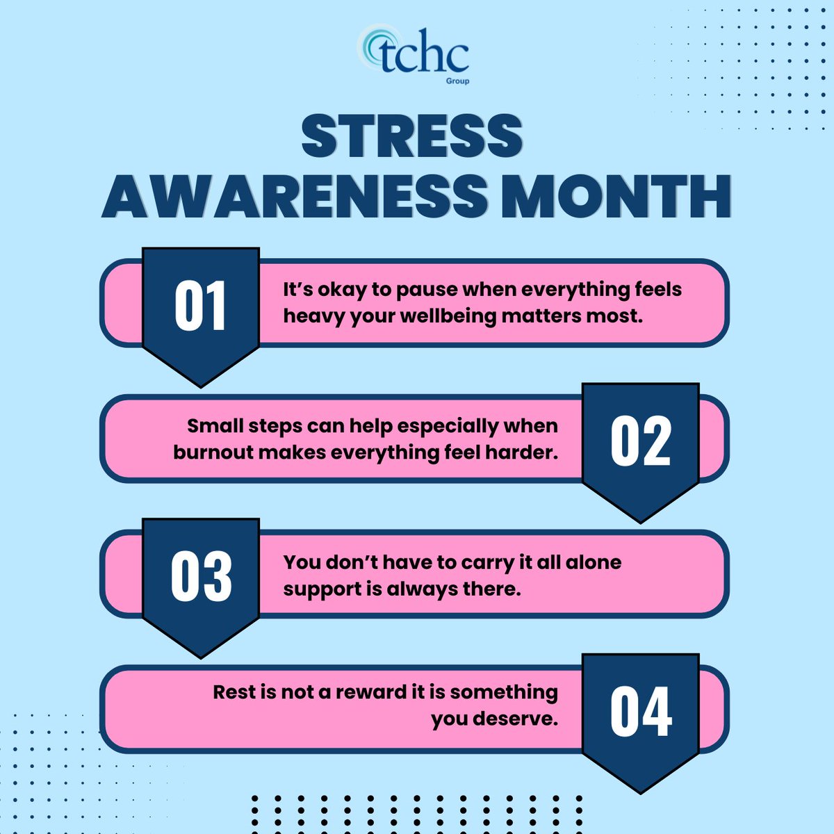 tchcgroupltd's tweet photo. Ending Stress Awareness Month with a reminder to keep checking in with yourself 💙

Take things one step at a time, even beyond this month.

#tchc #stressawarenessmonth #reminder https://t.co/179yUDD1Ug