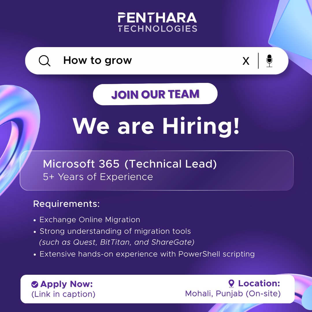 Penthara's tweet image. 🌟 We’re growing! Penthara is hiring a Microsoft 365 Technical Lead with 5+ years of experience to lead, contribute, and drive impact. 

Apply now 👉 careers.penthara.com

#Hiring #JobSearch #CareerOpportunity #PentharaGalaxy #PentharaTechnologies