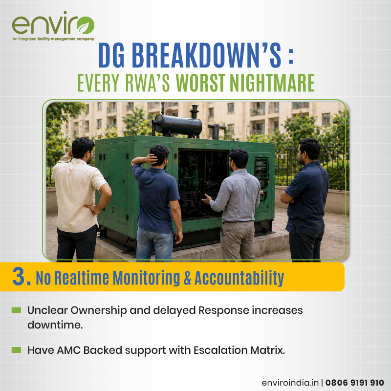 enviro_india's tweet image. DG breakdowns puts all #Residents, RWA and #FMCompanies on edge. How to mitigate this problem.

#DGMaintenance #PowerBackup #PreventiveMaintenance #DGSet #PowerSolutions #RWA #ResidentialManagement #AMCServices #Enviro #FacilityManagement #IFMS #BuildingMaintenance