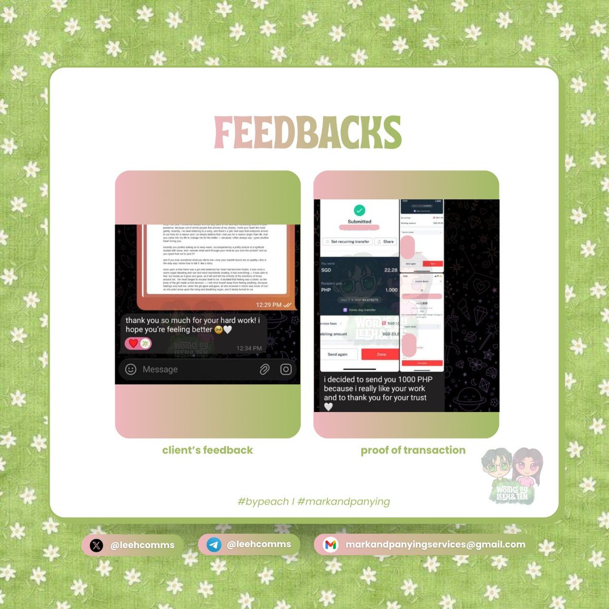 (📋) — feedback .ᐟ

“thank you so much for your hard work!”

— catered a LETTER REVISION task for our very first international client! they loved the output so much that they gave us more than the given rate. 🥹

thank u sm for the trust 🫶🏻

🪷 #bypeach : #leehproofs