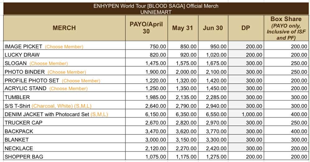 unniemart_'s tweet photo. 🦇 ENHYPEN | WORLD TOUR | 'BLOOD SAGA' Official Merch 🦇

#Unniemart_Go 
ENGENES! Our offers for ENHYPEN'S Blood Saga World Tour Merch is officially out! Secure yours now by filling up our Google Form ✨️

📍with WEVERSE POB: 1 unreleased PC for every 70,000 won of Purchases 🤗

💳 BOXSHARE:
📌 KR Add will be sent once payment fees our collected.
📌 Price is Inclusive of ISF and PF.

✅️ Official from Weverse Shop w/ POB until May 05.
🗓 Release Date: April 28 - May 05.
🚚 ETA: 3-4 weeks upon arrival to KR Add.
✈️ NETA
💰 Price is Inclusive of ISF and PF
✍️ ORDER FORM: https://t.co/ew3atf1hKf

#WTS #LFB #엔하이픈 #ENHYPEN
#EN_WORLDTOUR_BLOODSAGA