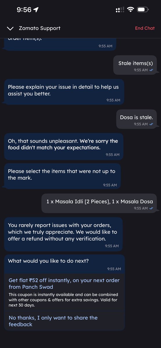 ankuriyaaaaa's tweet photo. @zomatocare @Zomato sent me a stale dosa &amp; yellow idli.

Complaint resolution? ₹52 discount… only if I order again from the SAME restaurant.

After bad food, you want me to go back? Seriously?

Still hungry. This isn’t a solution.
Pls shut your AI chatbot. And FO. https://t.co/8Of4ZZBRb2
