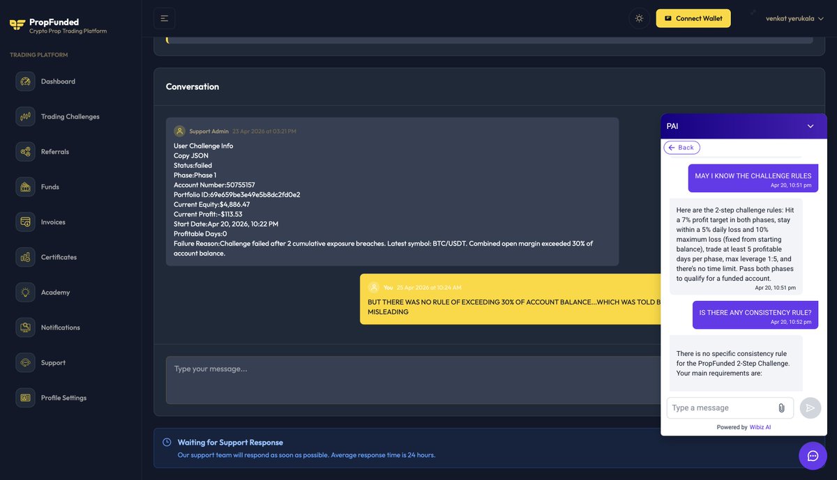 anonymous789521's tweet photo. @propfundedai THE FIRST THINGI GOT TO DO AFTER GETTING ACCOUNT IS TO ASK RULES TO UR SUPPORT SYSTEM AND THEY HAVE NEVER MENTIONED 30% EXCEEDING RULE THEY JUST SAID " Do not exceed the daily drawdown limit (5% of starting balance, resets daily) " AS UH CAN SEE IN THE IMAGE...!! ITS MISLEADING https://t.co/gtAr7ya7QV