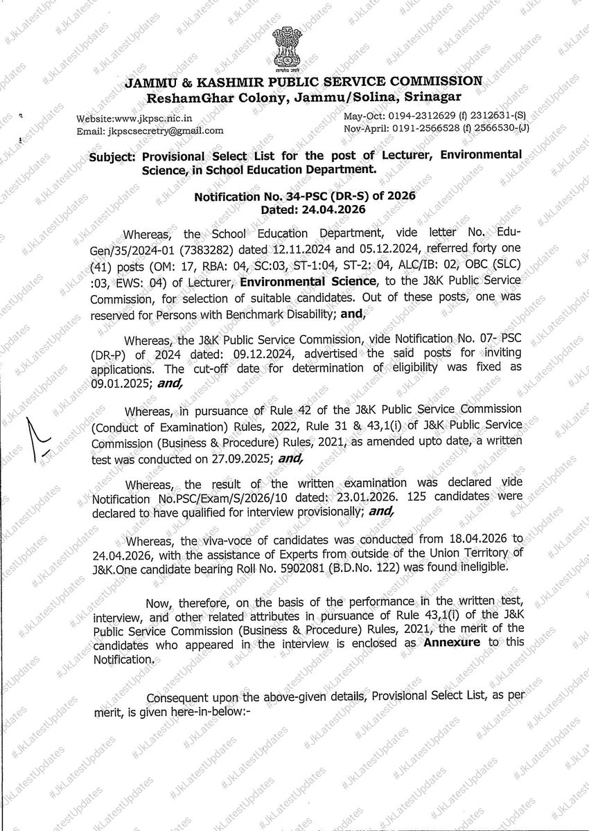 JkLatestUpdates's tweet image. [J&amp;amp;K PSC ]
.
.
&amp;gt;&amp;gt;   Provisional Selection list for the post of Lecturer ENVIRONMENTAL SCIENCE in School Education Department. #JkLatestUpdates
.
&amp;gt; Check facebook.com/share/p/1E8zt9…
. 
.
&amp;gt; [SHARE IT] + #Lecturer #EnvironmentalScience #JKPSC @diprjk @infjammu @SchoolEdujkut @sakinaitoo