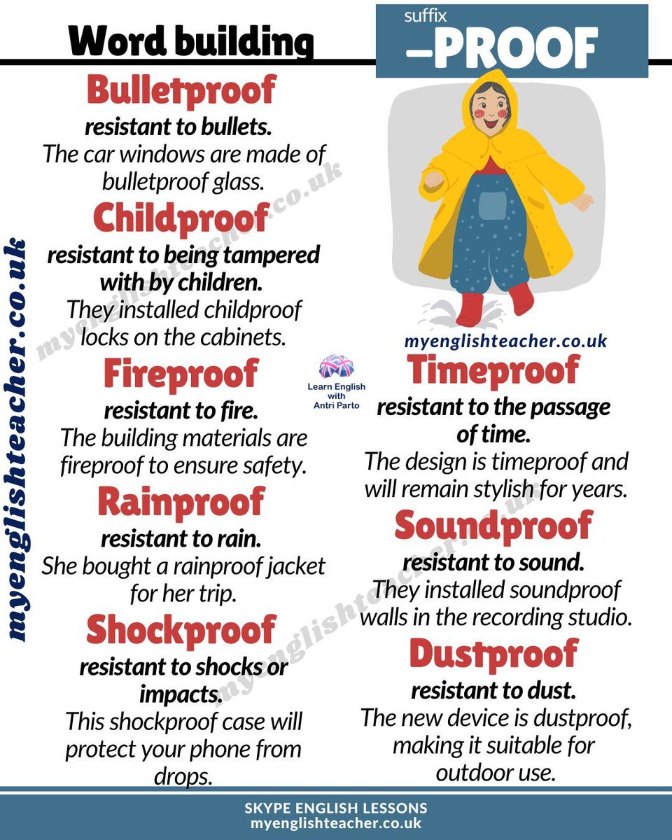 MyLinguaAcademy's tweet image. Build your vocabulary. Learn words that use the suffix -PROOF
#learnenglish