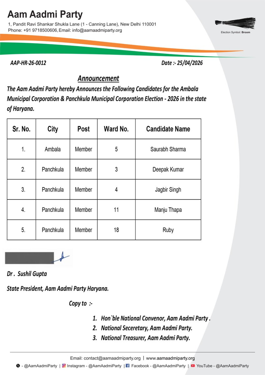 पंचकूला नगर निगम और अंबाला नगर निगम के मेंबर पद के लिए <a href="/AAPHaryana/">AAP Haryana</a> ने निम्नलिखित उम्मीदवारों की छठी सूची जारी की है। सभी घोषित उम्मीदवारों को हार्दिक शुभकामनाएं।