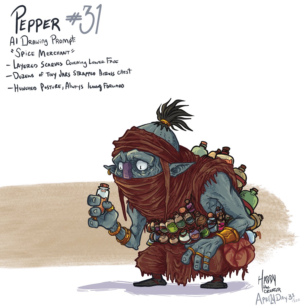 TheHaddy's tweet image. He’s not greedy  
he’s preparing for a future that never arrives

So he keeps collecting  
just in case

And the more he carries  
the harder it is to stand where he is

31/222 #characterdesign #darkfantasy #visualstorytelling #mindset