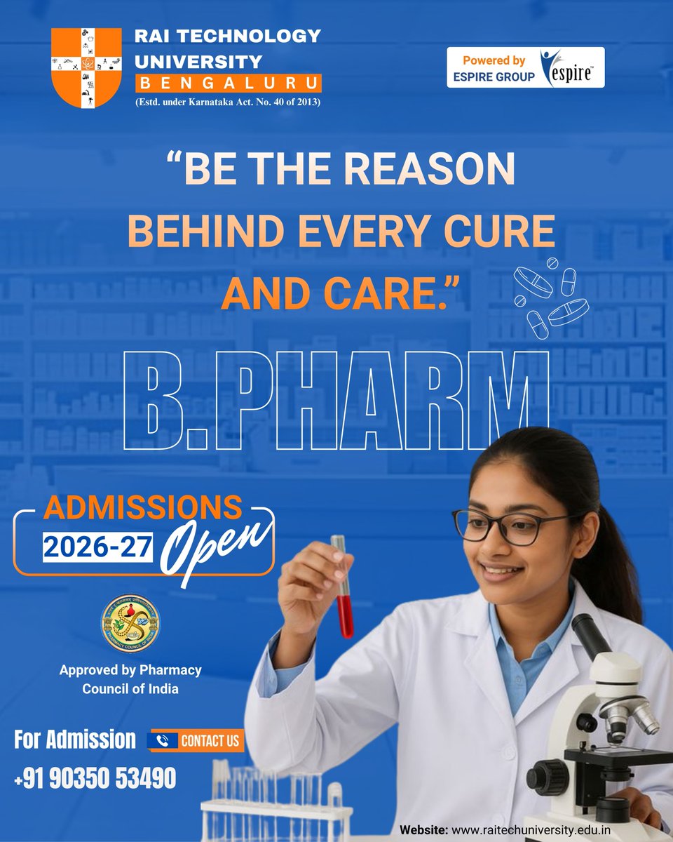 Raitechuniver's tweet photo. Be the reason behind every cure
Start your journey in B.Pharm at Rai Technology University. Admissions 2026-27 are now open!

#BPharm #AdmissionsOpen #PharmacyLife #FuturePharmacist #StudyInBangalore #RTU #RaiTechnologyUniversity #CareerInPharmacy #Explore #Trending #FYP https://t.co/HPEVxbleaR