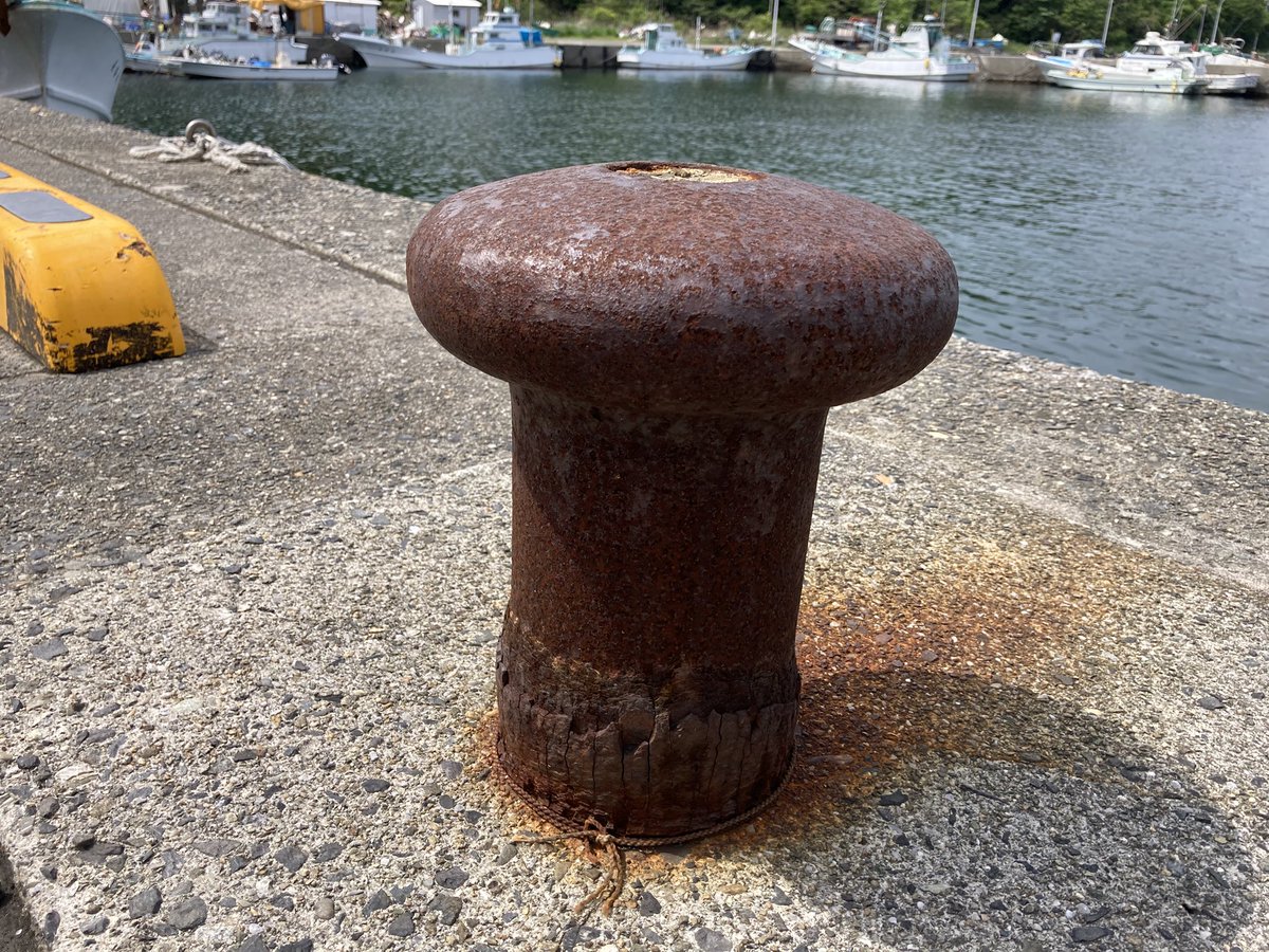 Harushion's tweet image. 4/25 週末(土)曇り☁️陽が差して蒸し暑い位やなぉ

 気圧の変化や天気での身体の不調注意⚠️

体調悪いな（お金も無いし）

も〜無理よPCは🖥️替えたい

Switch2は買えた🎮

曇り空の下の舫杭

#舫杭 #bollard #伊勢志摩 #海鮮市場 #丸保商店 #伊勢海老 #あのりふぐ #海産問屋の宿まるやす #気象病