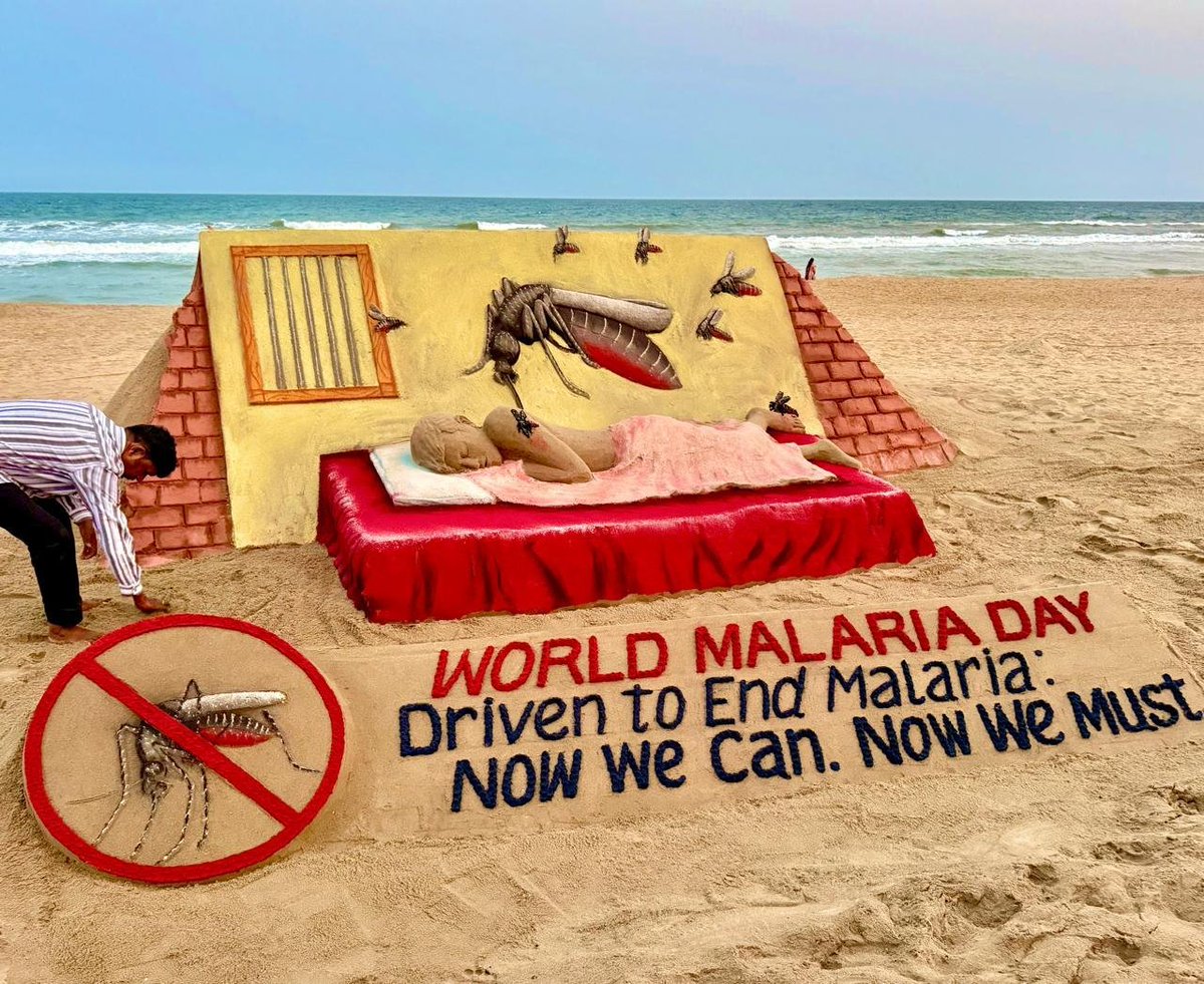 ArgusNews_in's tweet image. #Puri | Padma Shri awardee Sudarsan Pattnaik created a sand sculpture at Puri Beach to mark World Malaria Day, calling for global action with the message “Driven to End Malaria: Now We Can. Now We Must”

#Odisha #WorldMalariaDay #HealthAwareness