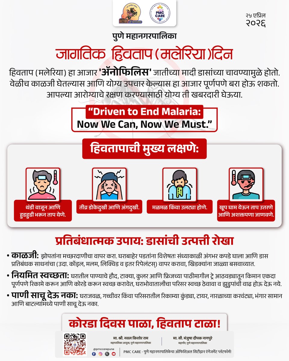 PMCPune's tweet image. २५ एप्रिल

जागतिक हिवताप (मलेरिया) दिन

दक्षता घेऊया, हिवतापाचे समूळ उच्चाटन करूया

शहरातील सर्व अधिकृत माहिती, सरकारी सेवा आणि सार्वजनिक उपक्रमांसाठी PMC CARE ॲप आजच डाउनलोड करा: fxurl.co/PMCCARE

#MalariaDay #Awareness #Health #Fever #PMCCare