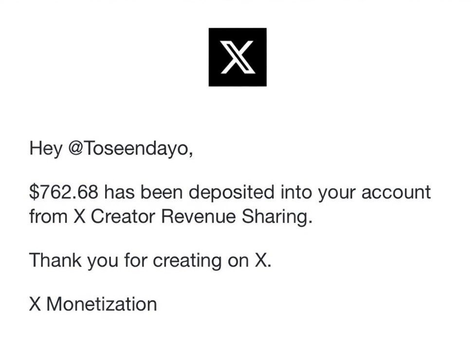 toseendayo's tweet image. From zero to first X Creator Revenue payout $762.68 ✅
Got verified in February. 
Crossed 5 million impressions in one week in April. 
And now this money don land. 

This na proof say consistency + value still dey work. 
#XCreator #CreatorEconomy #XMonetization #PassiveIncome