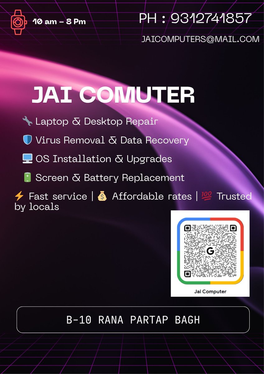 JAICOMPUTER1's tweet photo. 💻 Computer kharab ho gaya? Ghabrao mat!

Jai Computer — Rana Pratap Bagh, 🔧 Laptop &amp; Desktop Repair 🛡️ Virus Removal &amp; Data Recovery 🖥️ OS Installation &amp; Upgrades 🔋 Screen &amp; Battery Replacement⚡ Fast service | 💰 Affordable rates | 💯 Trusted by https://t.co/OPJDETkotp