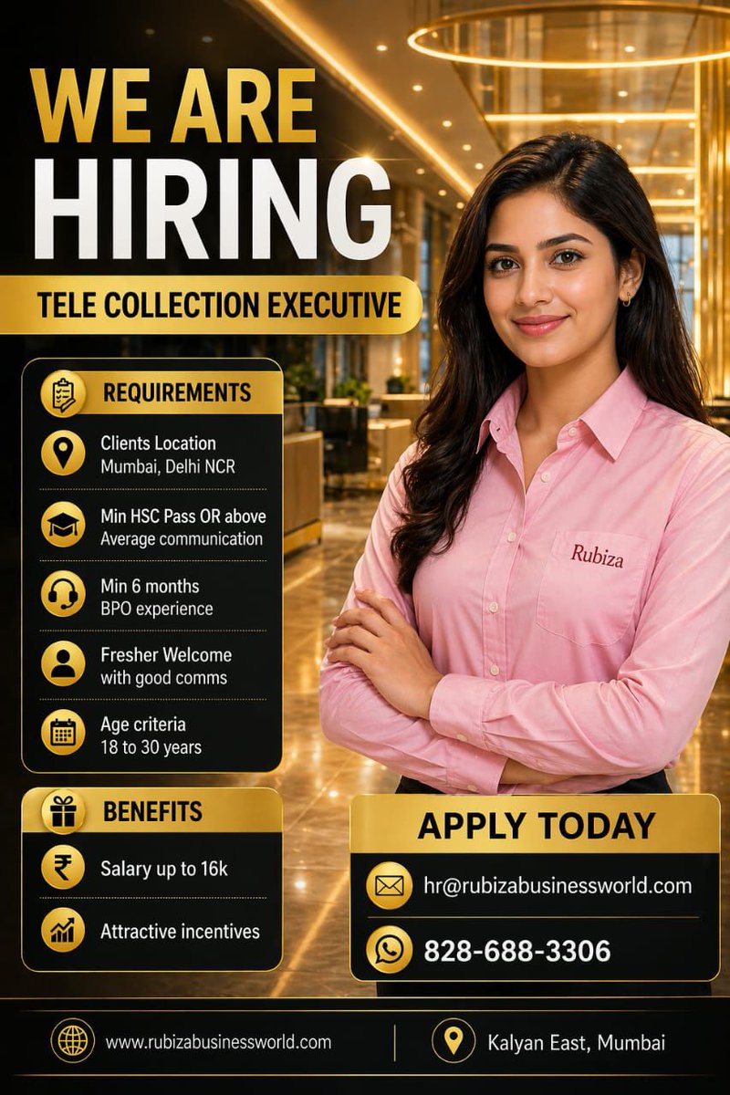 RubizaW's tweet image. Start your career journey with the right opportunity and grow with us!
#Hiring #BPOJobs #TeleCalling #JobsInMumbai #DelhiJobs #CareerOpportunity #FreshersWelcome #RubizaBusinessWorld