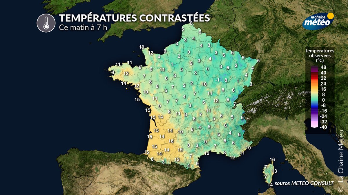 lachainemeteo's tweet image. 🌡️Alors que l'ouest et surtout le sud-ouest du pays se sont réveillés dans la #douceur liée aux nuages bas qui ont limité le #rayonnement (15°C de #Bordeaux à #Toulouse), il fait #frais au nord avec du #gel 🥶 observé de la #Normandie au Grand Est (-1°C à #Reims)