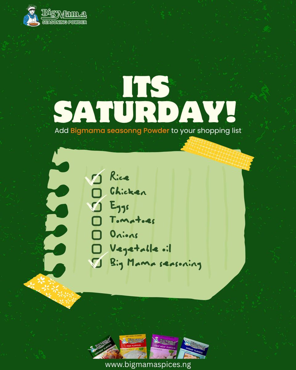 BigMamaSpices's tweet image. Saturday shopping is not complete without the real kitchen essentials. Once BigMama Seasoning Powder is on the list, you already know the meal will make sense.

#bigmamaseasoning #foodie #saturdayshopping #foodlist #seasoning