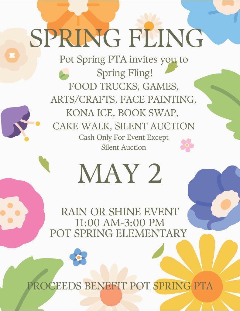 PotSpring_PTA's tweet photo. SPRING FLING IS JUST ONE WEEK AWAY!!  Join us on May 2nd from 11am to 3pm, rain or shine.  Food Trucks, Games, Arts and Crafts, Face Painting, Kona Ice, Book Swap, Cake Walk, Silent Auction, and more! https://t.co/nmbTLc9Cvf