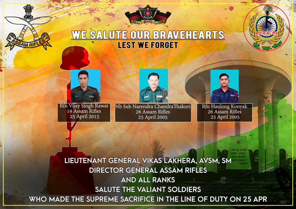 official_dgar's tweet image. Lt Gen Vikas Lakhera, AVSM, SM, Director General of #AssamRifles &amp;amp; all ranks, salute the valiant soldiers who made their supreme sacrifice in the line of duty on 25 Apr.

#SaluteToMartyrs #HonourTheFallen #RememberingOurHeroes #MartyrsOfIndia #ForeverInOurHearts
