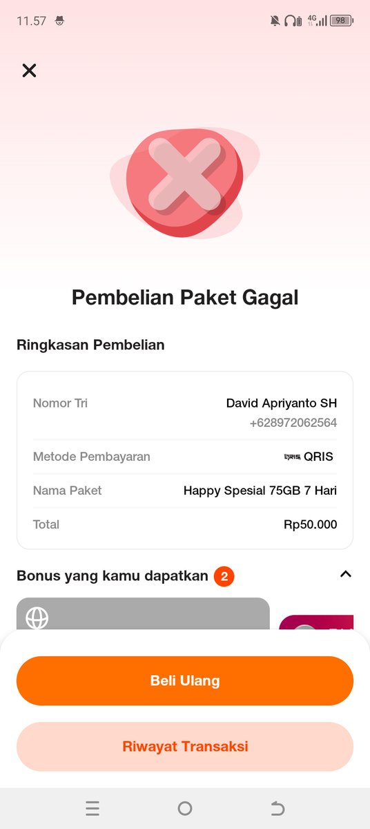 dosenn1's tweet photo. @3CareIndonesia Selamat siang saya David apriyanto dengan nomor 3 08972062564 saya melakukan pembelian paket lewat aplikasi bima+ tetapi tidak masuk sedangkan bukti pembayaran berhasil https://t.co/1Ov4RsDiWl
