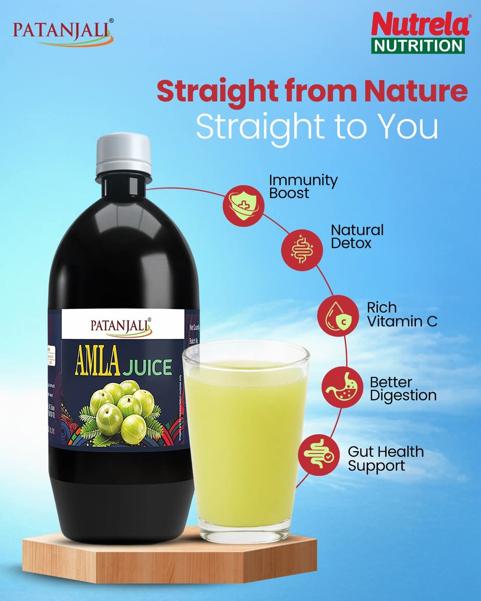 NirmalKumarKes3's tweet image. Experience the pure power of nature with Patanjali Amla Juice. Packed with Vitamin C, it boosts immunity, aids digestion, and detoxifies your body for vibrant health.

#Patanjali #NutrelaNutrition #AmlaJuice #Amla #AidsDigestion @KaulRajesh59 @santoshdubey993 @Santosh00455545