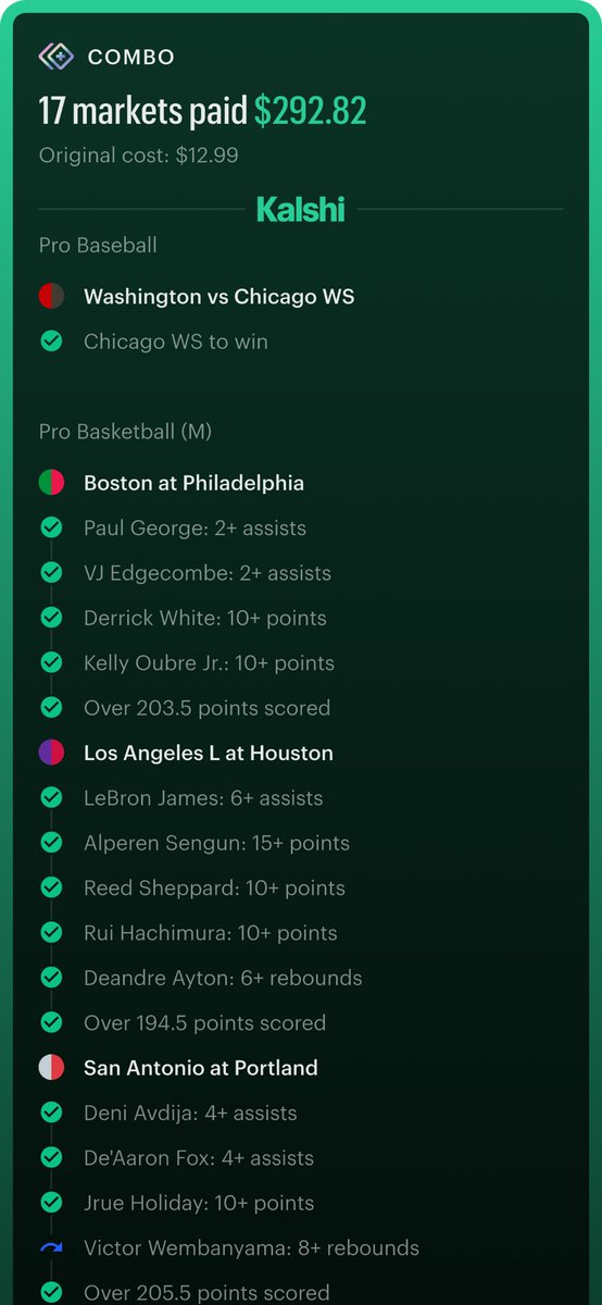 Mojo_Captain5's tweet photo. Should of known better to put Wemby on, but cash the 3 game parlay 💰💰 https://t.co/NY0NjMWbz8