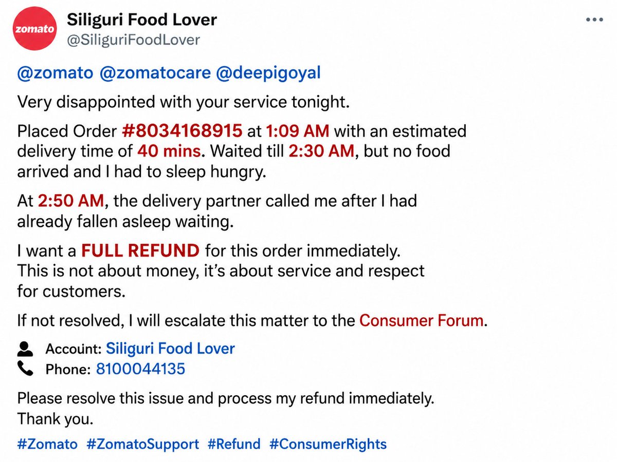 chiranjeev_007's tweet image. @zomato @zomatocare @deepigoyal @jagograhakjago @consaff

#Zomato
#ZomatoSupport
#Refund
#ConsumerRights
#PoorService
#FoodDelivery
#CustomerExperience
#LateDelivery
#OrderIssue
#ConsumerForum
#NeedRefund
#Siliguri