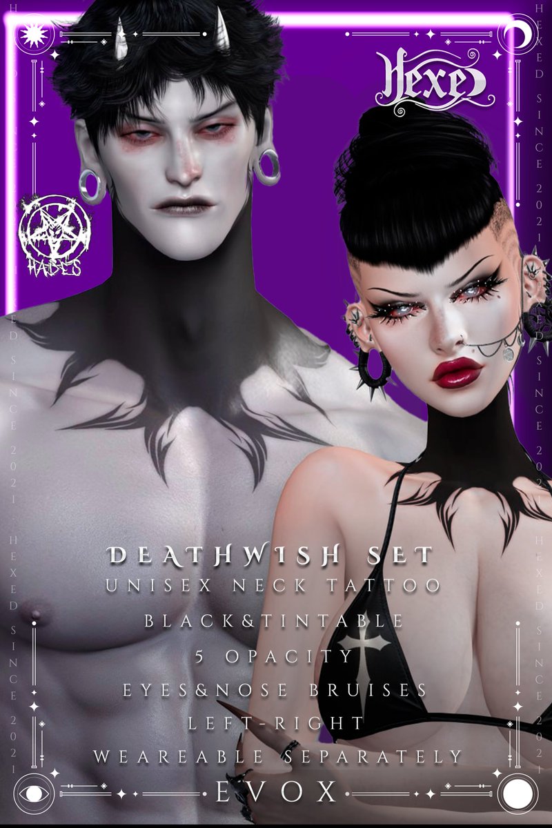 DaeHexem's tweet photo. HEXED x HADES – Deathwish Set (Unisex)
✔ Unisex neck tattoo set
✔ Black + tintable options
✔ 5 opacity levels
✔ Eyes &amp; nose bruises included
✔ Left / Right options
✔ EVOX compatible
🖤 EXCLUSIVE @ GOTHCORE EVENT 🖤
https://t.co/lnJRyHmpMh https://t.co/8l5IFBlPK7