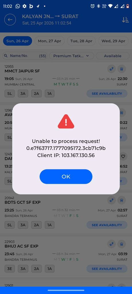 TankVjay's tweet photo. @AshwiniVaishnaw @IRCTCofficial @Central_Railway @WesternRly  showed same error for non ac too. How come all tickets booked after the error. This is big issue cant book tatkal. Tried in 3 to 4 devices and same error even when i reached to payment showed ip error and exit the app. https://t.co/SGLXW0Xpgw