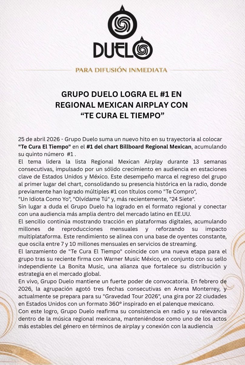 normusic's tweet photo. @GRUPODUELO 
suma un nuevo hito en su trayectoria al colocar
“Te Cura El Tiempo” en el #1 del chart Billboard Regional Mexicano Airplay acumulando su quinto número #1. @billboard  #labonitamusic #warnermusicmex https://t.co/W4Nj4JZtWI