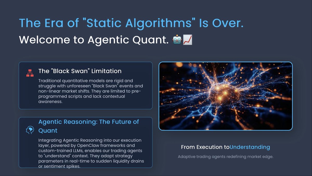 UAQCAI's tweet image. The era of static, rigid quant algorithms is gone forever.

Welcome to Agentic Quant.
We upgrade trading from cold script execution to intelligent contextual understanding, powered by agentic reasoning &amp;amp; custom-trained LLMs.
#AgenticQuant #AIQuant #Web3Trading