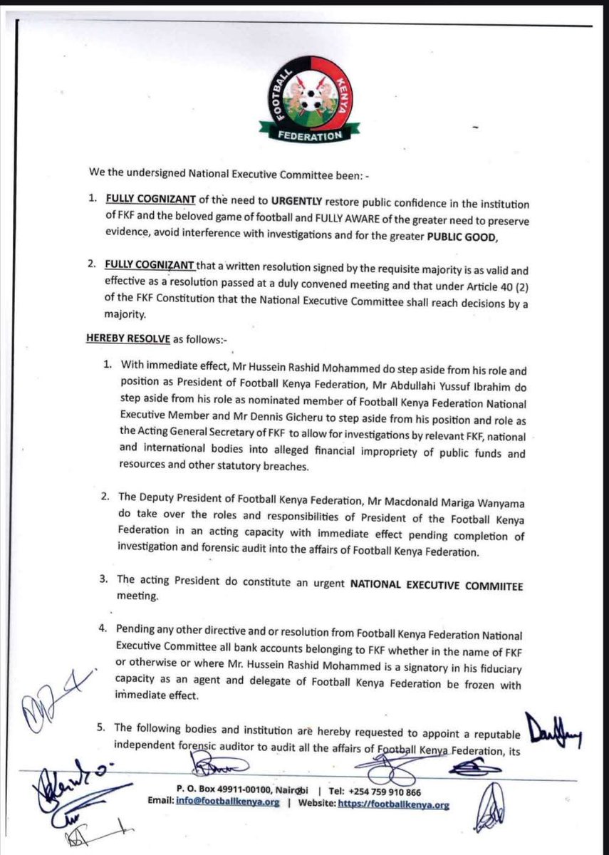 Chaos in Kenya 🇰🇪

Football Kenya Federation President Mohammed Hussein has been suspended over alleged financial mismanagement, including the misappropriation of R5.4 million in CHAN funds.

Deputy President Macdonald Mariga steps in as Acting President.
