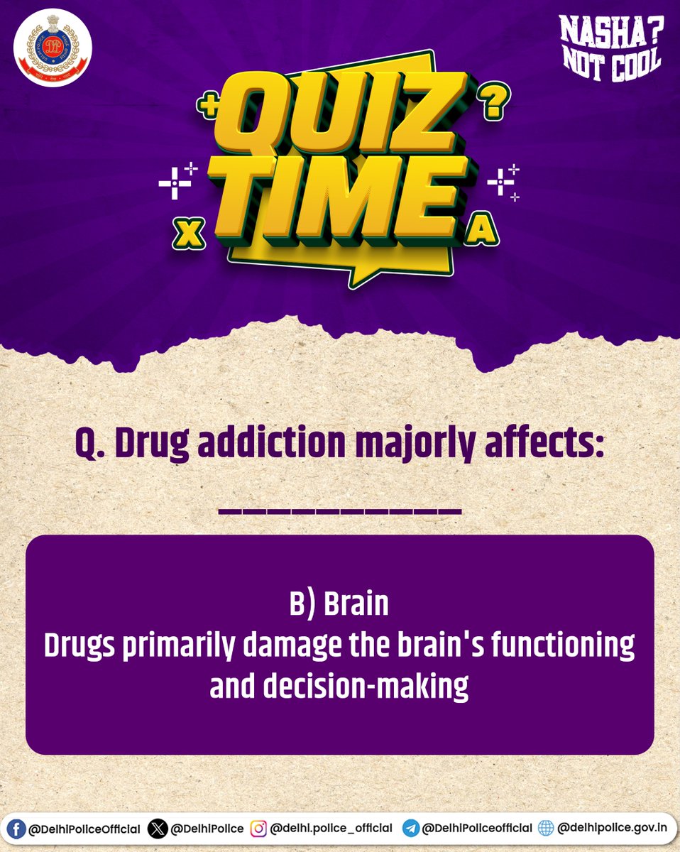 DelhiPolice's tweet image. ♦️Primarily Brain...then future...whole life ..etc etc 

Stay Aware, Stay drug-free.

@LtGovDelhi
@HMOIndia
@PMOIndia

#SayNoToDrugs
#NashaNotCool
#नशा_मुक्त_भारत
#NashaMuktBharat