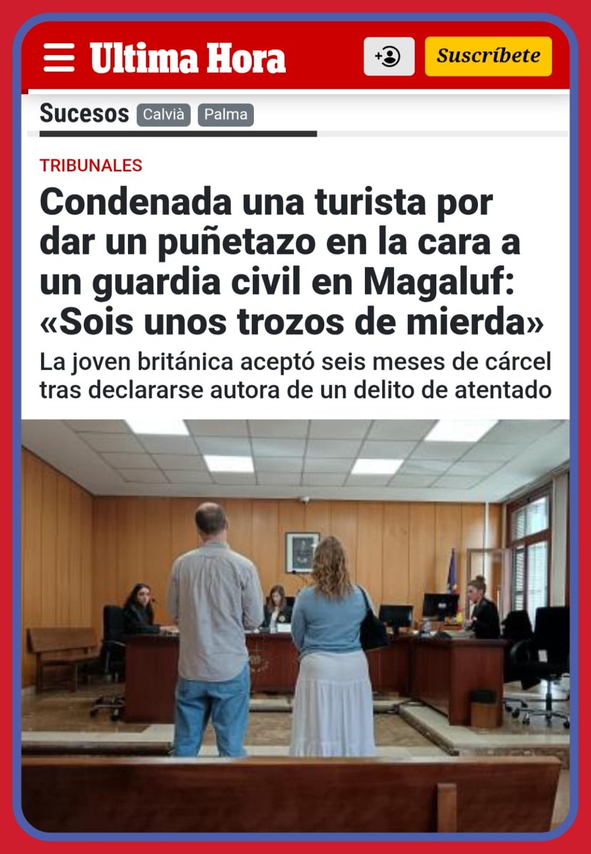 ultimahora.es/sucesos/ultima…

🗣️Sois unos trozos de mierda, hijos de puta! dijo la ciudadana..

..además de empujón y puñetazo

Cuando una delincuente, por hechos de "menor relevancia", trata así la autoridad de los guardias civiles, qué no pasará en episodios de mayor gravedad?

Nos