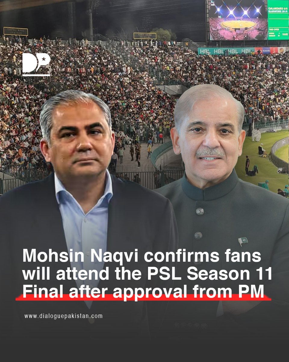 DialoguePak's tweet image. Mohsin Naqvi has announced that spectators will be allowed at the final of the PSL Season 11 Final, following approval from Shehbaz Sharif.

#DialoguePakistan #MohsinNaqvi #Announced #Spectators #Allowed #final #PSL #Approval #ShehbazSharif