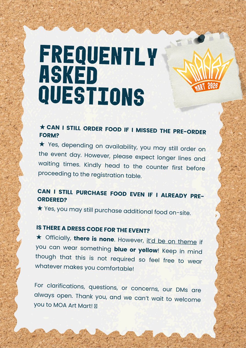 tubatustudio's tweet photo. Got questions?
No worries, we prepared a quick FAQ guide for everything you need to know before #MOAArtMart2026 🫡

Swipe through our FAQs and get ready to meet your MOA friends tomorrow! 🩵 https://t.co/yEMiuNoekB