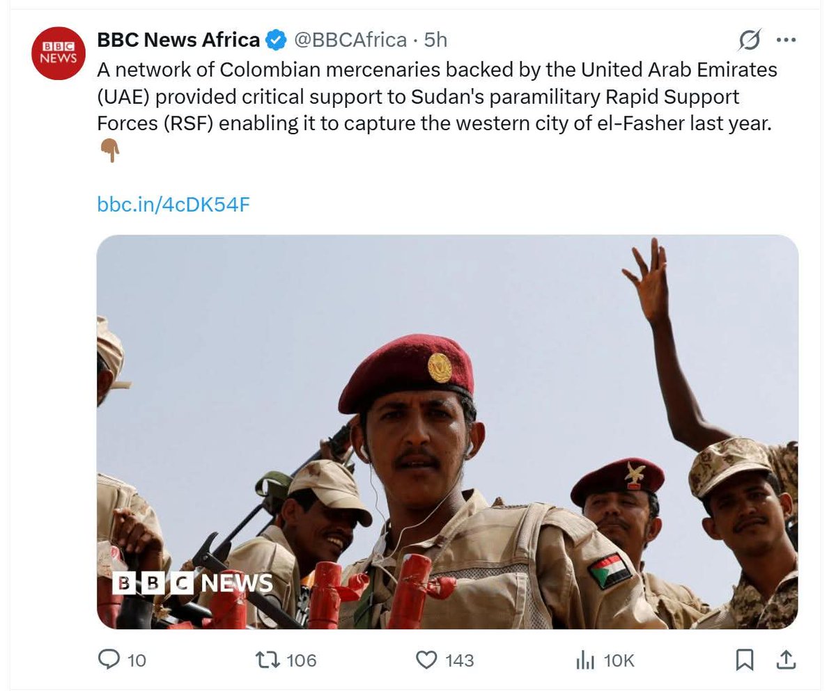 khald65467's tweet photo. بي بي سي: قدمت شبكة من المرتزقة الكولومبيين المدعومين من دولة الامارات دعماً حاسماً لقوات الدعم السريع شبه العسكرية السودانية مما مكنها من الاستيلاء على مدينة الفاشر الغربية العام الماضي.

التعليق: سياسات حكومة الامارات شر محض Pure Evil

قتل حلفاؤها 6000 مدني بالفاشر في 3 أيام. https://t.co/JEkXD9V63W