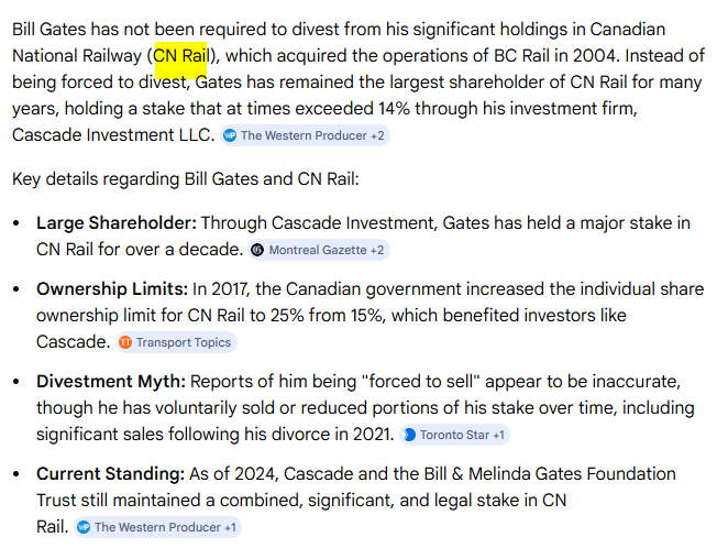 BcMeggster's tweet image. BTW, CN rail was then mostly taken over by Bill Gates.  So, Gordon Campbell sold BC Rail to CN Rail (Bill Gates) and was raided by RCMP for doing that. Bill Gates is behind a lot of tech scandals in Canada's Fed dept too. 

#vanpoli #bcpoli #bced