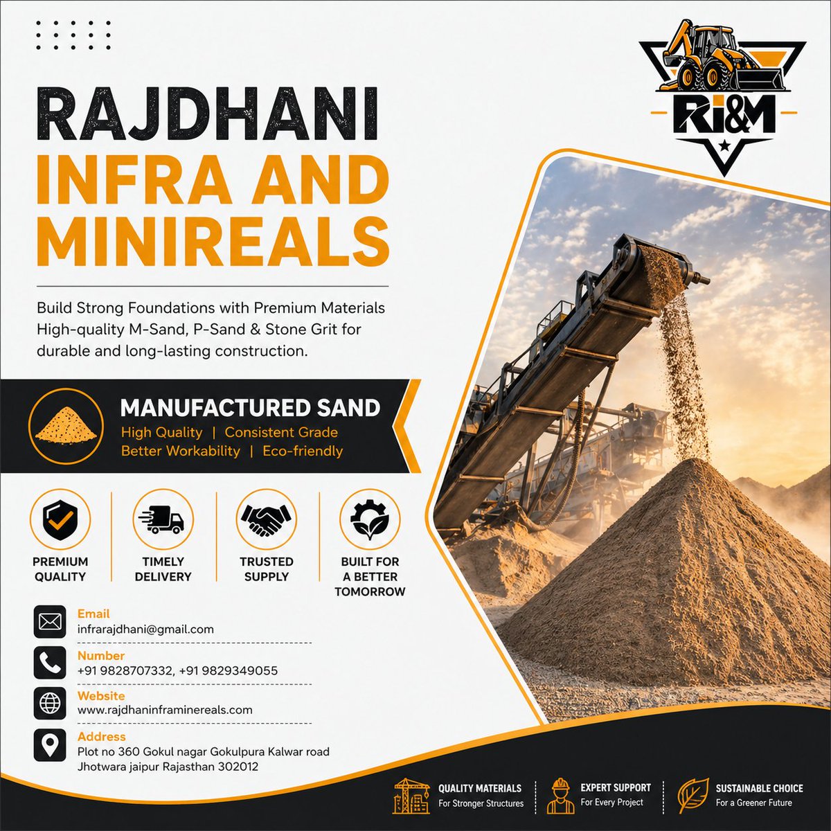 infrarajdhani's tweet image. RAJDHANI INFRA AND MINERALS 🏗️

📞 +91 9828707332, +91 9829349055
📧 infrarajdhani@gmail.com

🌐 rajdhaniinframinerals.com

📍 Plot no 360, Gokul Nagar, Gokulpura Kalwar Road, Jhotwara, Jaipur, Rajasthan 302012

#MSand #ManufacturedSand #ConstructionMaterial #BuildingMaterial